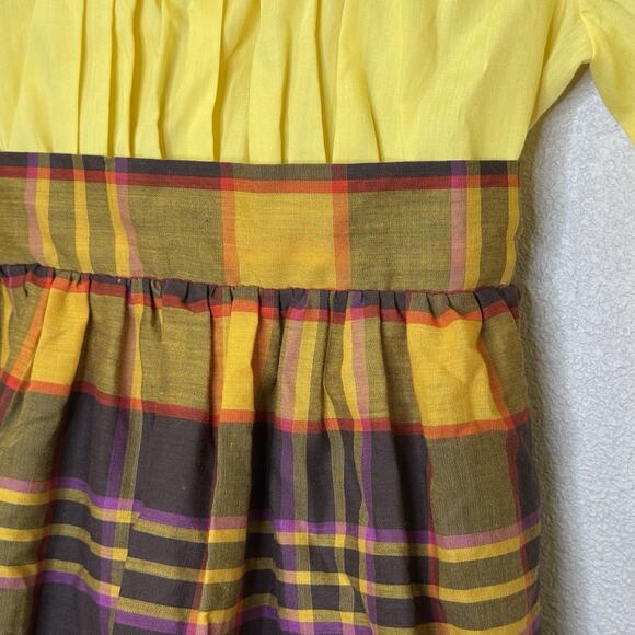 Polly Finders Hand Smocked Girls Dress Size 6X Yellow w/ Plaid Skirt Long Sleeve - Picture 4 of 9